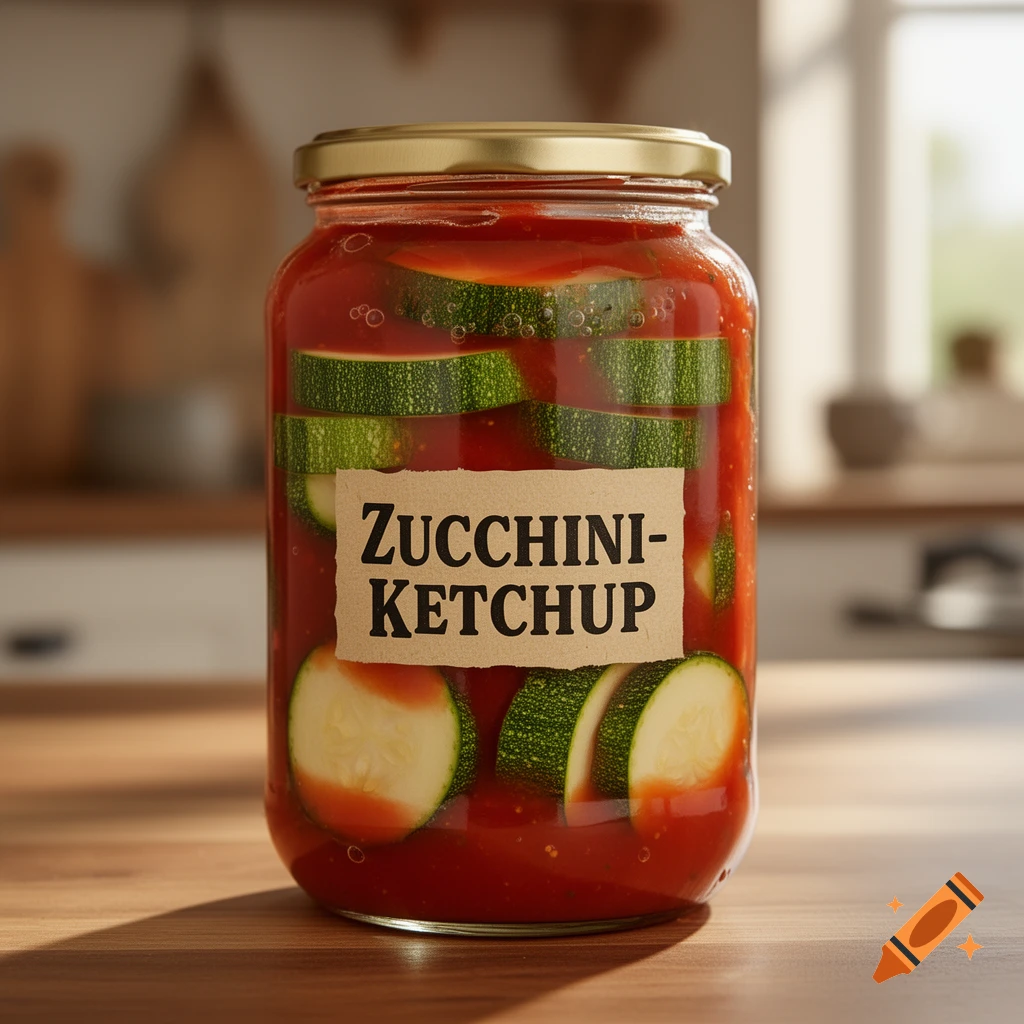 A clear glass jar filled with sliced zucchini in red ketchup, labeled "ZUCCHINI-KETCHUP", sits on a wooden counter in a kitchen.