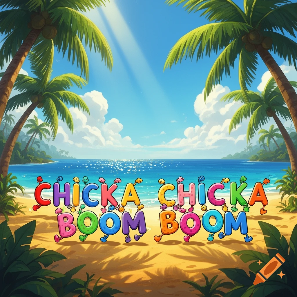 Colorful cartoon letters spelling 'Chicka Chicka Boom Boom' with feet on a sunny tropical beach.