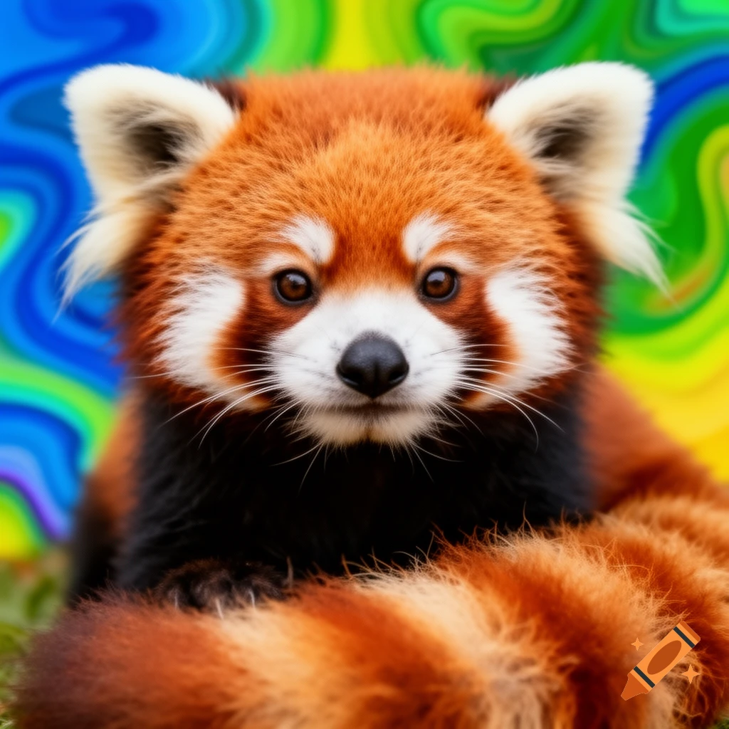 A closeup of a cute red panda with a vibrant, abstract background.