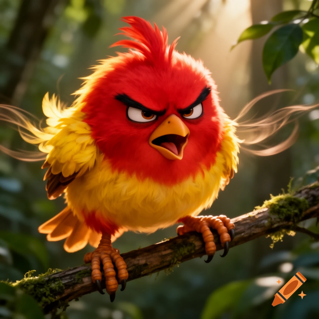 Close-up of a red and yellow angry cartoon bird with a spiky crest, perched on a mossy branch in a sunlit forest.