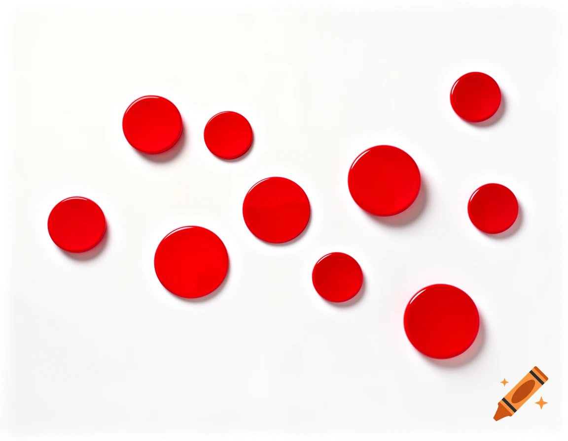 Several glossy red circles of varying sizes scattered on a clean white background.