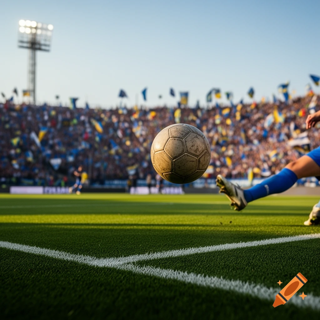 A soccer player's leg kicks a ball over the green field in a sunlit stadium packed with a blurred crowd.