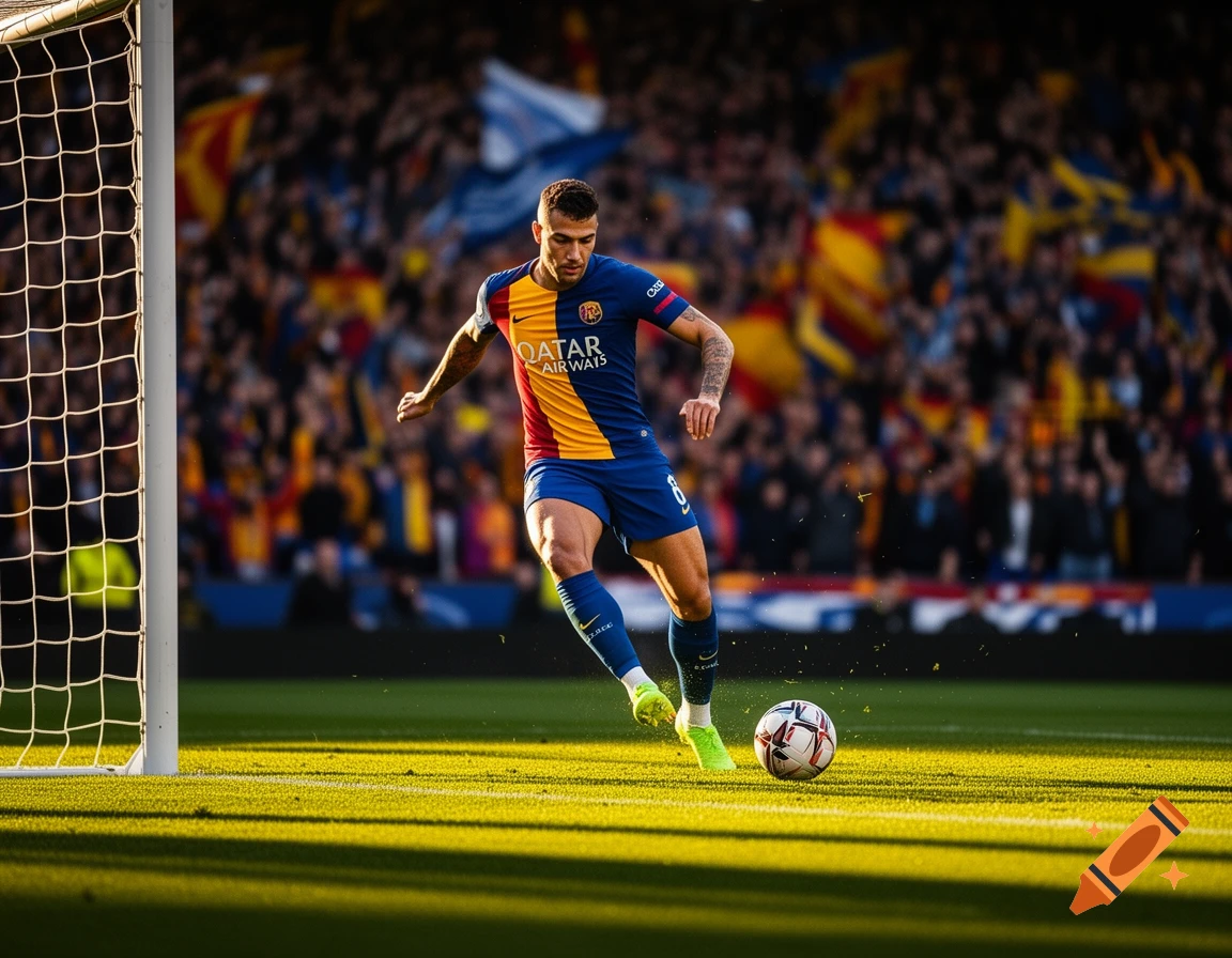 A photorealistic image of a soccer player in a blue, red, and yellow uniform kicking a ball on a sunny green field in front of a goal and blurred crowd.