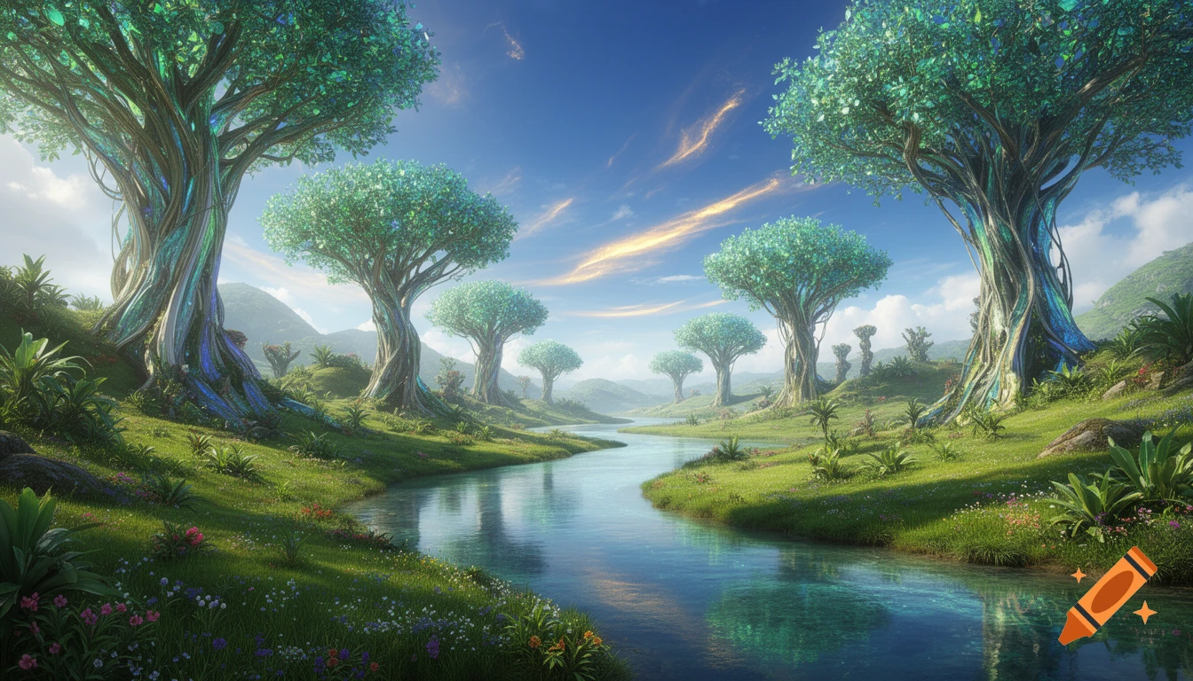 A vibrant fantasy landscape with a river winding through green fields, lined by large, glowing iridescent trees under a blue sky.