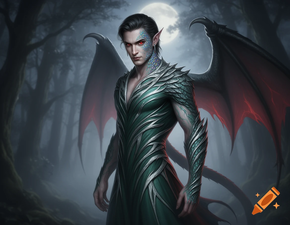 A male half-dragon, half-elf vampire hybrid with red eyes, green scales, and dark wings stands in a moonlit forest.