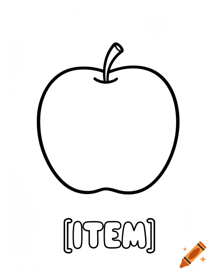 A black and white line art coloring page showing an apple with the word [ITEM] below it.
