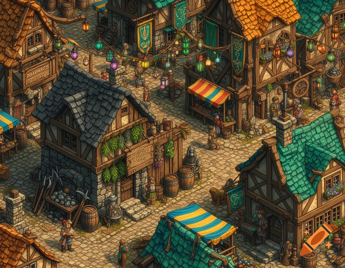 Orthographic view of a detailed, colorful medieval fantasy village with various shops and villagers.