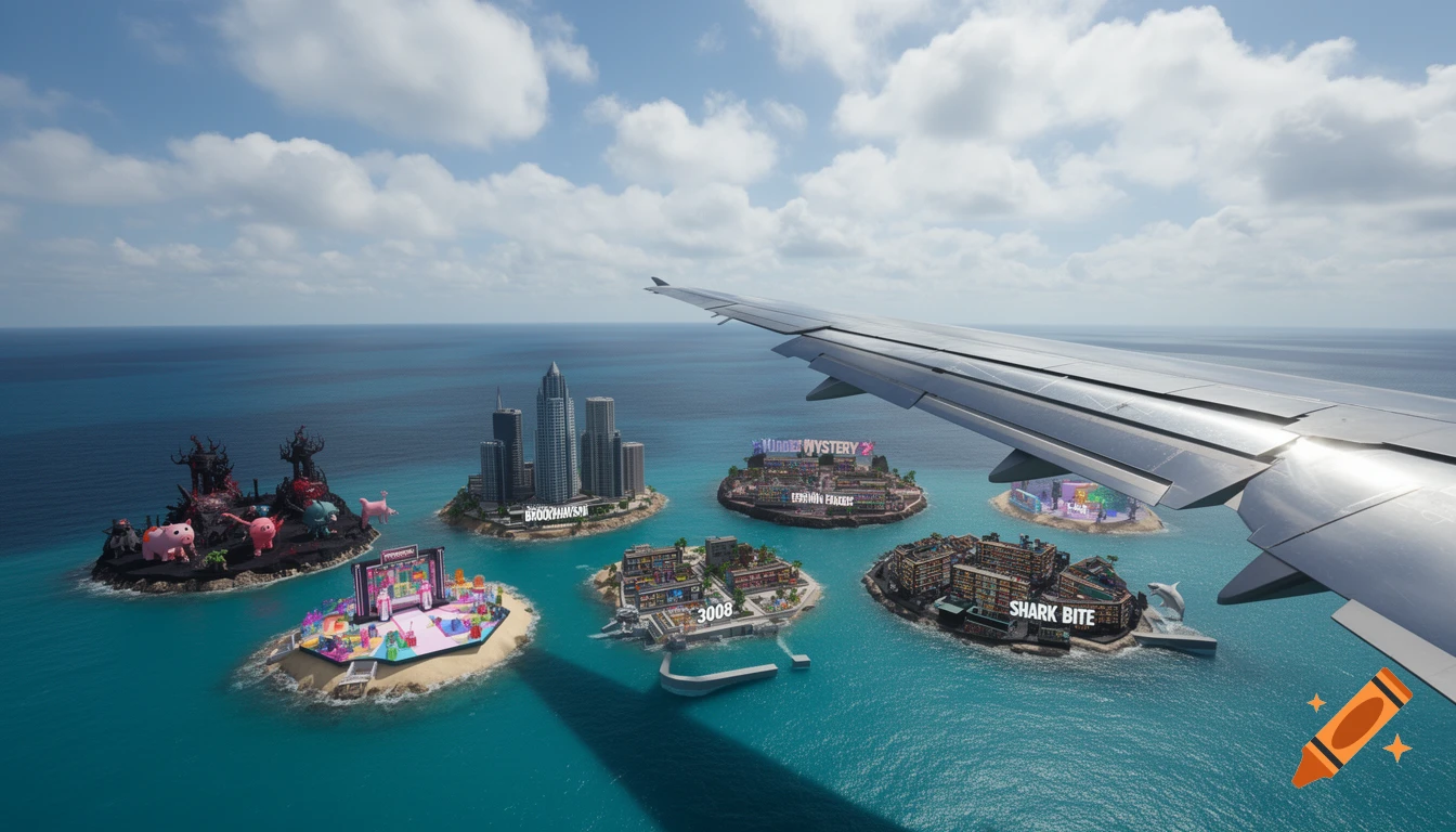 An aerial view from a plane wing showing several small islands in turquoise water, each designed as a different Roblox game world, under a blue sky with clouds.