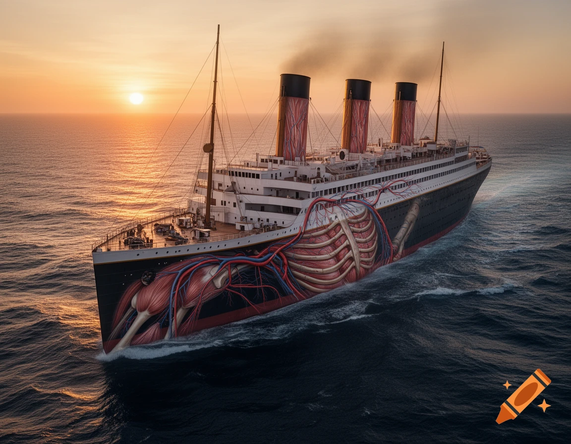 A photorealistic Titanic-like ship sailing at sunset, with its side revealing detailed human muscles, bones, and blood vessels.