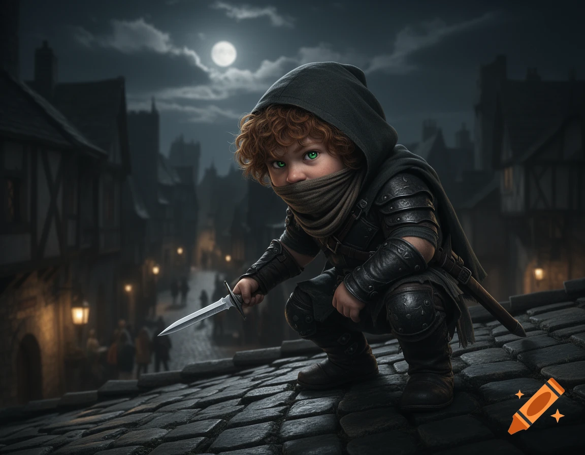 A small, green-eyed halfling assassin in dark armor and hooded cloak crouches on a medieval rooftop at night, holding a dagger.