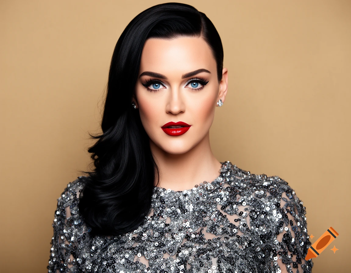 A glamorous woman with dark hair, blue eyes, and red lipstick, wearing a sequined silver top against a beige background.