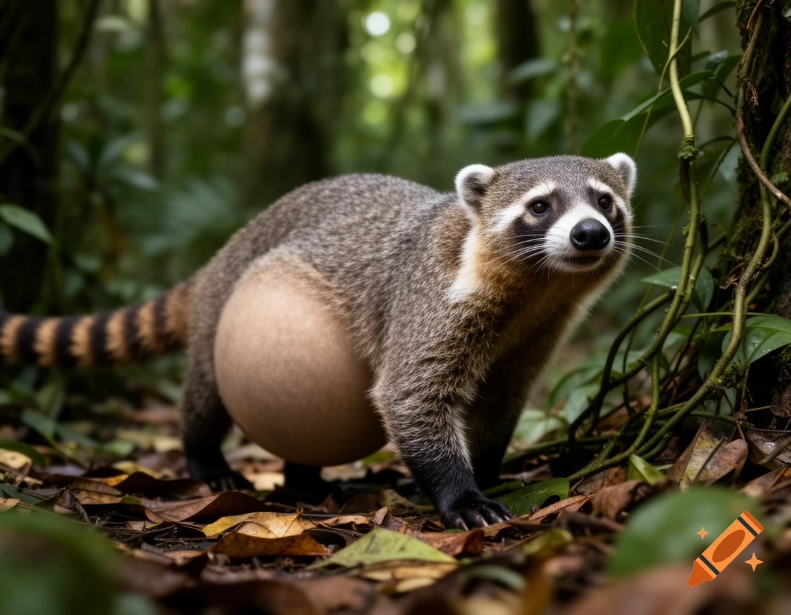 A coati with a very large, rounded belly stands on a forest floor covered in leaves, looking forward in a photorealistic style.