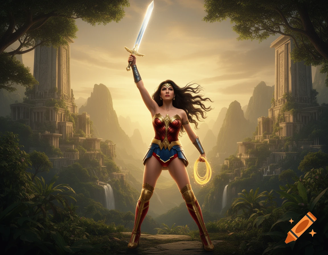 Wonder Woman in costume, raising a glowing sword and holding a lasso, stands in a lush fantasy landscape with ancient temples and waterfalls.