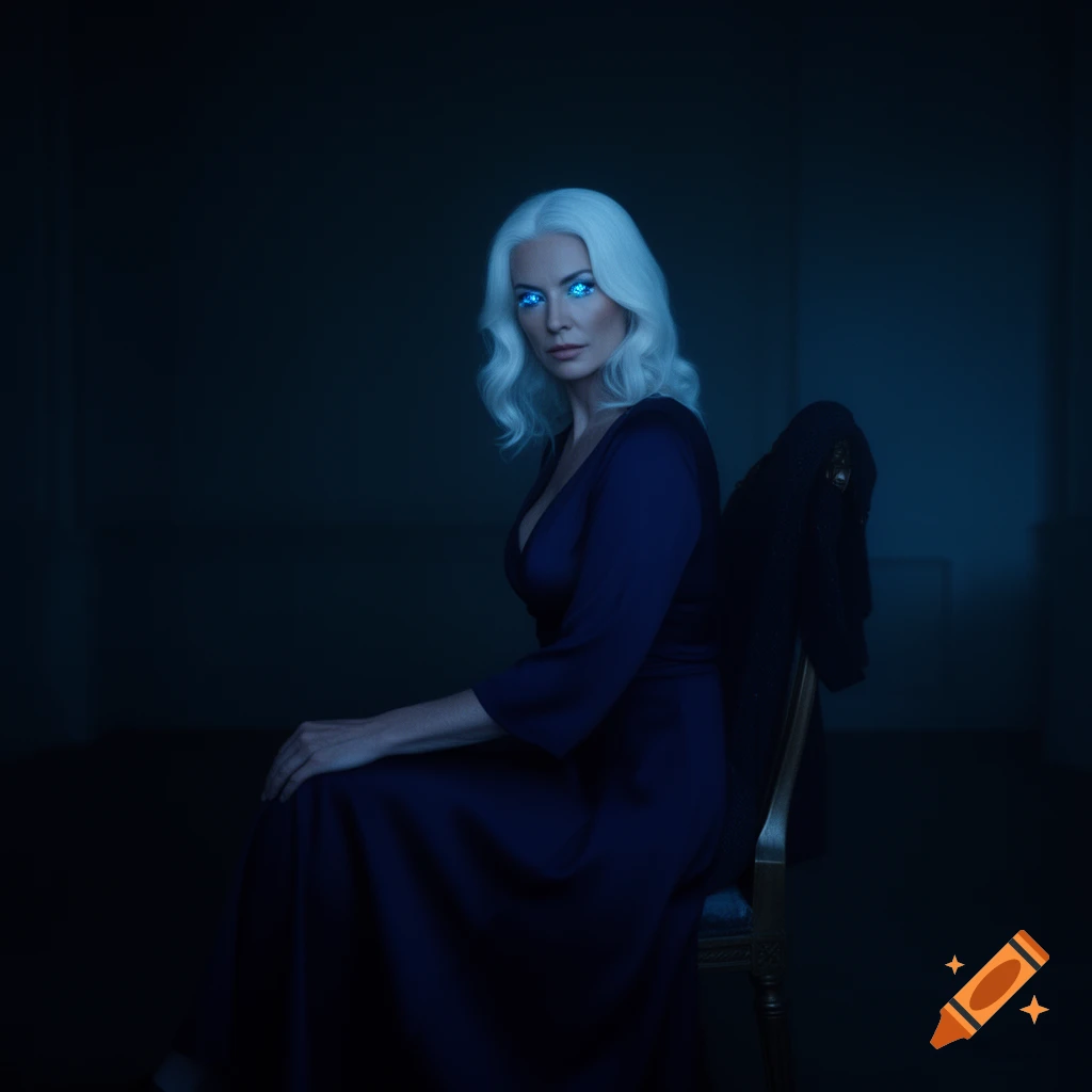 A woman with white hair and glowing blue eyes sits in a dark, blue-filtered room, looking directly at the viewer. She wears a dark blue dress.