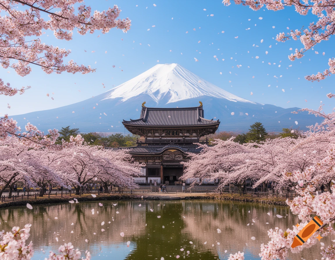 Japanese temple surrounded by pink cherry blossoms and a lake, with snow-capped Mount Fuji in the background.