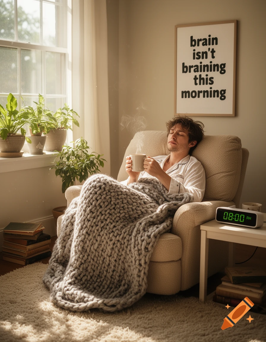 A man in pajamas, covered by a chunky blanket, sips from a mug in a cozy, sunlit room, with a 'brain isn't braining' poster and plants.