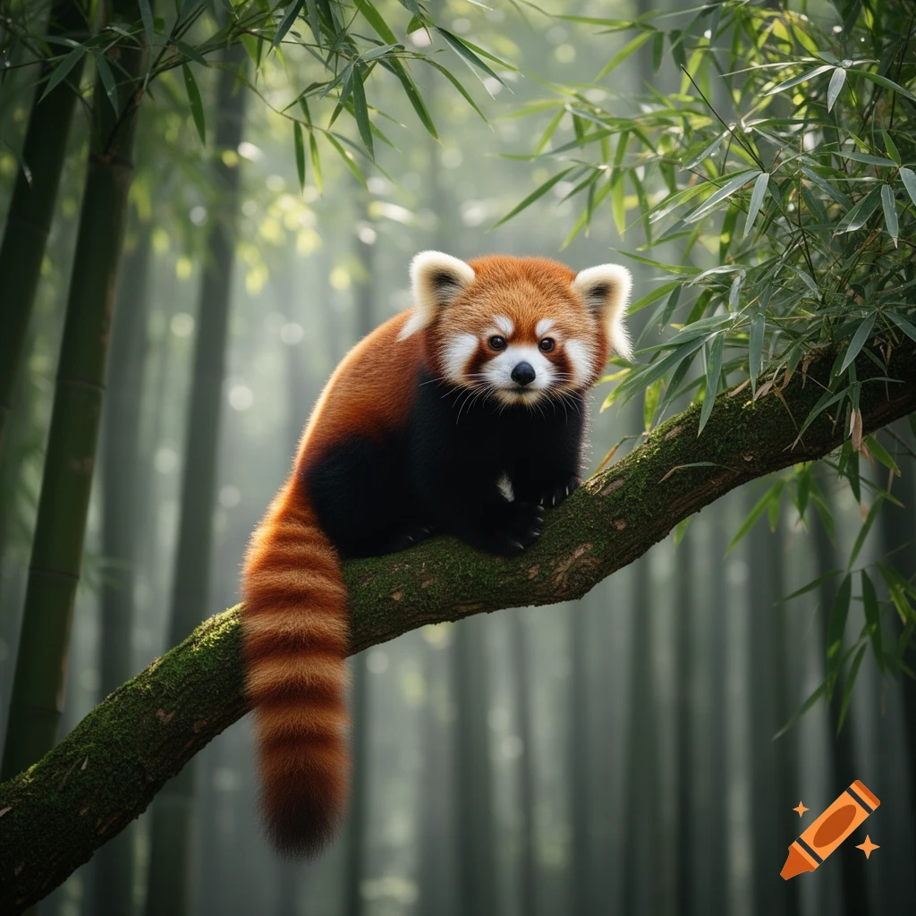 A photorealistic red panda with a fluffy tail sits on a mossy branch in a bamboo forest, looking forward.