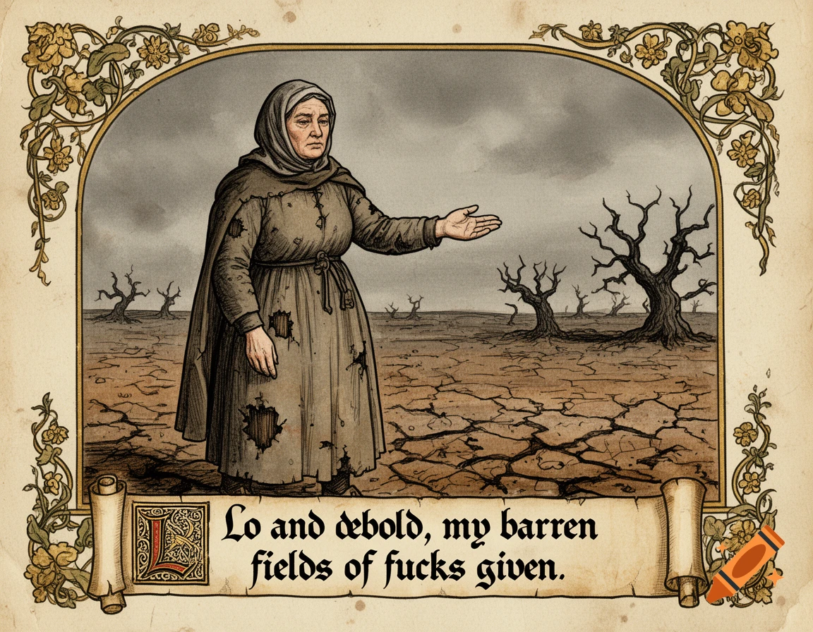 A medieval-style illustration of a weary peasant woman presenting a cracked, barren field under a grey sky. Text on a scroll reads: "Lo and behold, my barren fields of fucks given."