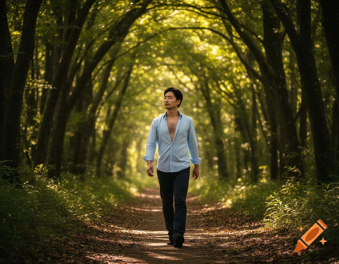 A man in an unbuttoned blue shirt walks on a dirt path through a lush green, arching forest.