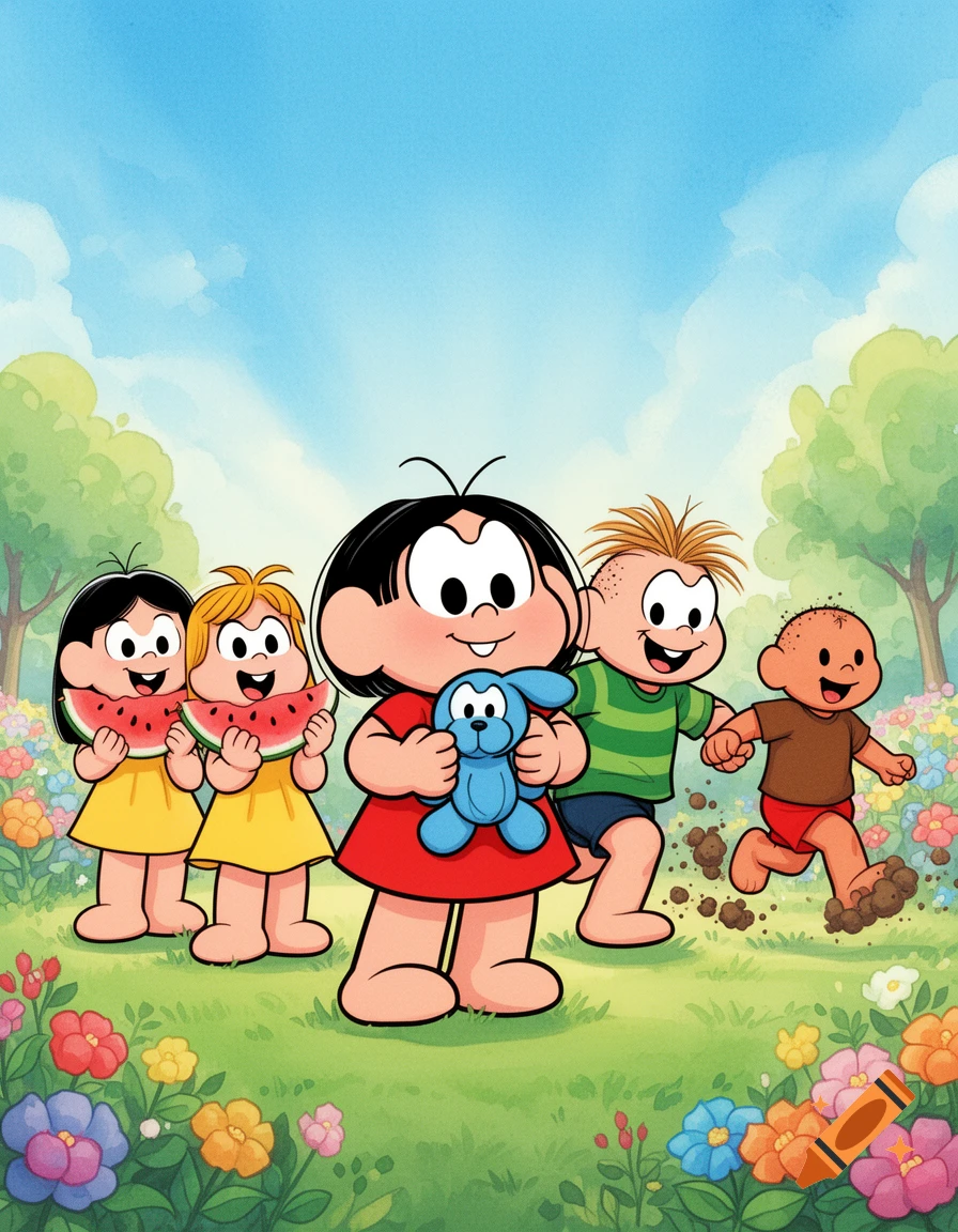 Cartoon children from Monica's Gang playing in a sunny, flower-filled field. One holds a blue bunny, two eat watermelon, and two run playfully.