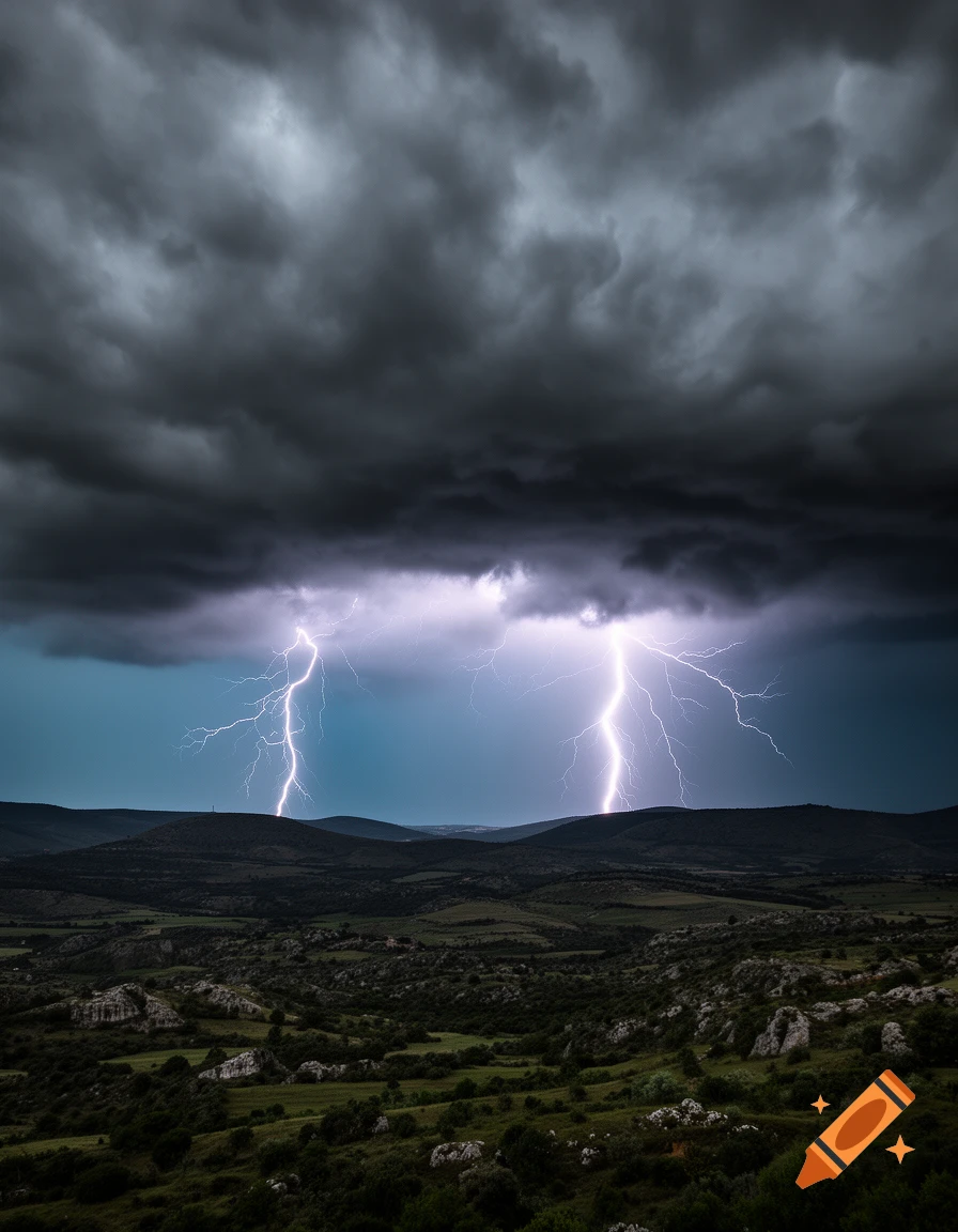A dramatic landscape scene with dark, heavy storm clouds overhead and two bright lightning bolts striking over rolling, green hills and sparse rocky terrain.