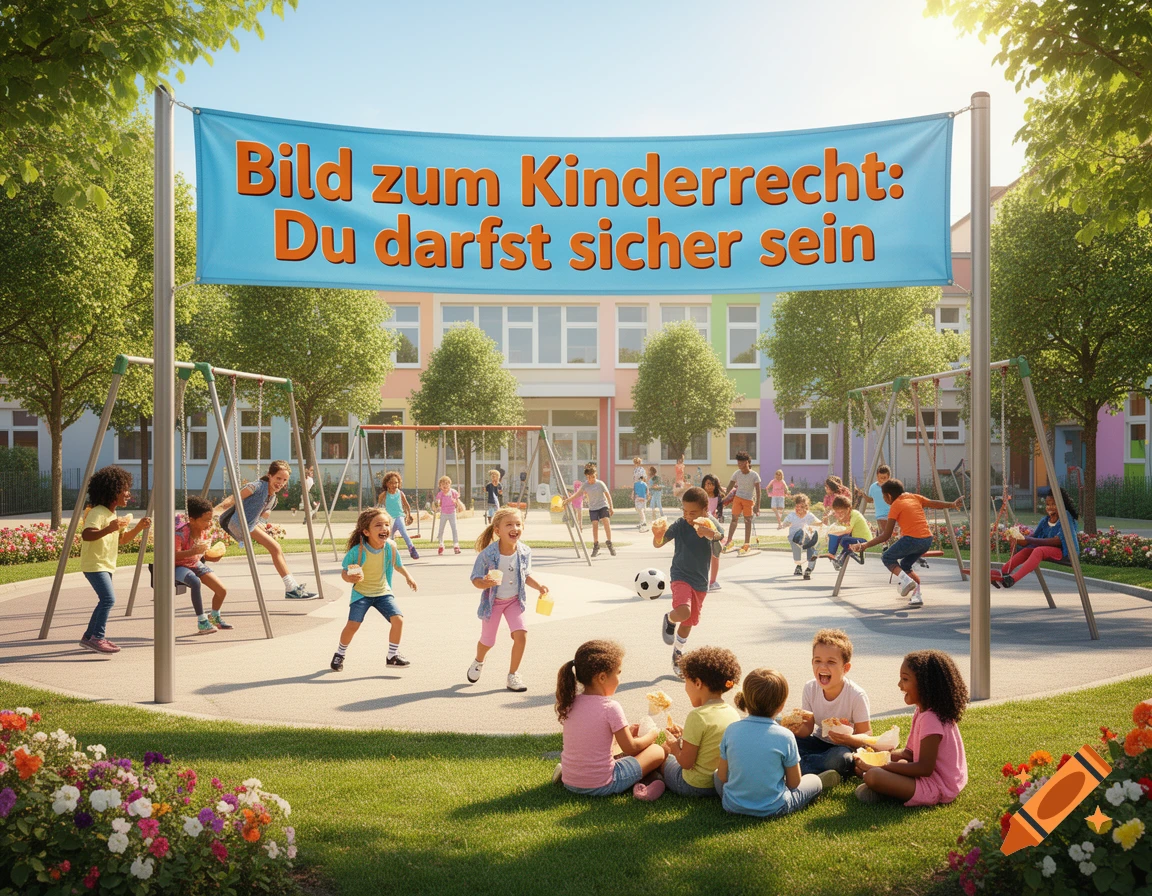 Children play in a sunlit playground under a banner reading 'Picture on Children's Rights: You are allowed to be safe'.