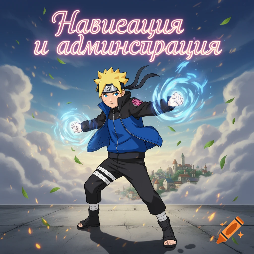 Anime character Boruto with blue energy orbs, against a cloudy sky with a town. Text 'Навигация и администрация'.