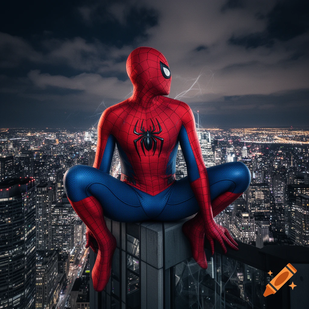 Spider-Man in his red and blue suit sits on a skyscraper, looking over a sprawling, lit-up city at night.