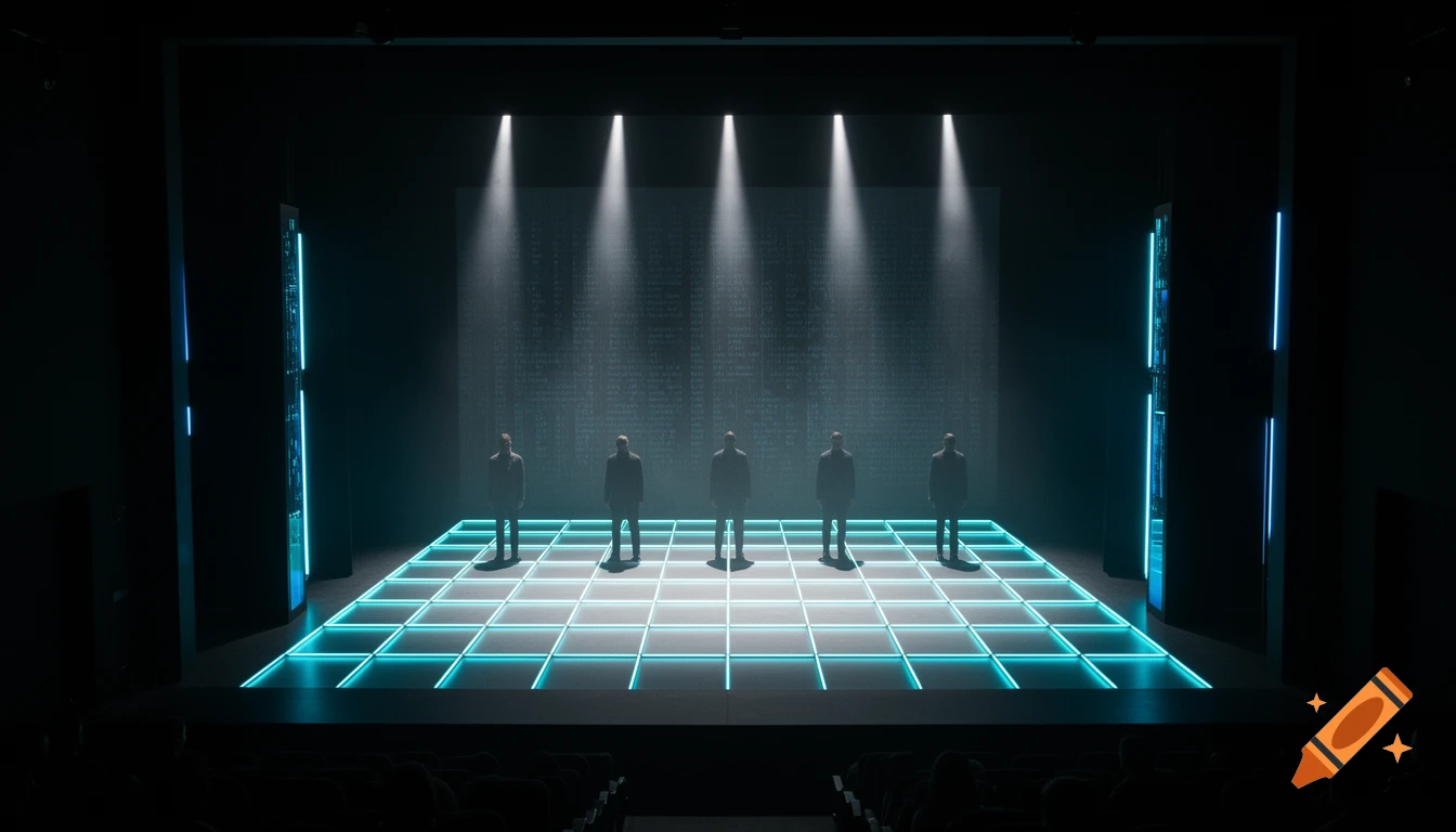 A dark theater stage with five silhouetted figures standing on a glowing blue grid floor, flanked by blue-lit monolithic pillars, with faint digital code on the back screen under spotlights.