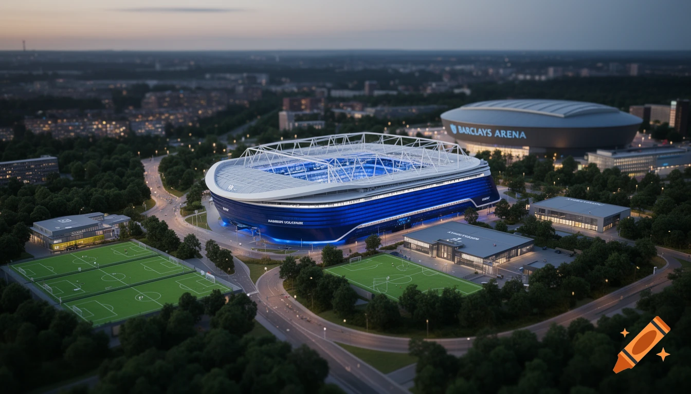Aerial view of a futuristic blue and white football stadium, training pitches, and Barclays Arena in a twilight cityscape, resembling an architectural model.