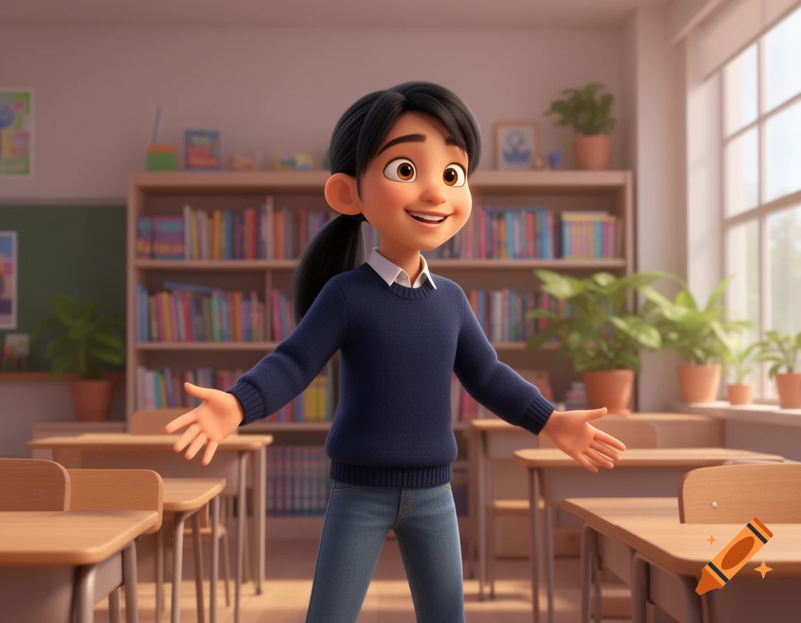 A smiling 3D animated young person in a blue sweater and jeans stands in a classroom with bookshelves, desks, and plants.