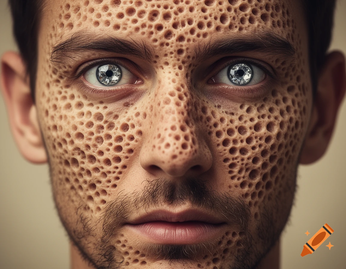 Close-up portrait of a man's face covered in many small holes, with faceted diamond eyes, in a photorealistic style.