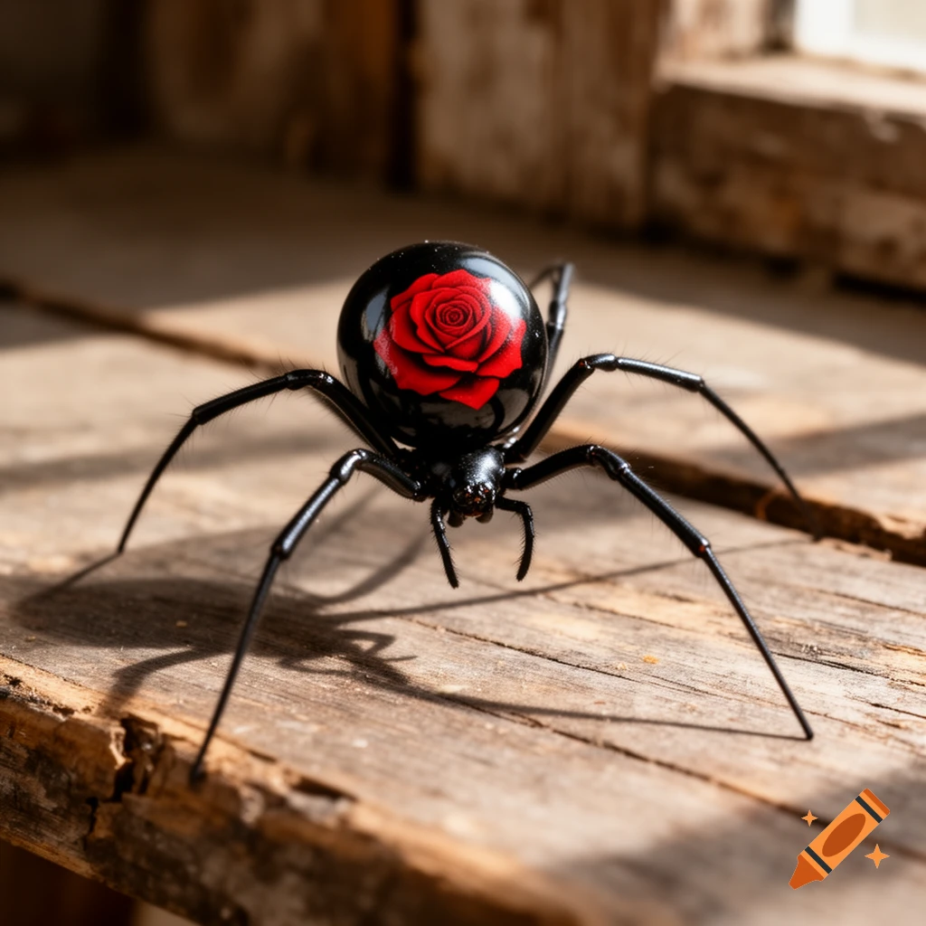 Close-up of a black widow spider with a red rose on its abdomen, on a rustic wooden surface.