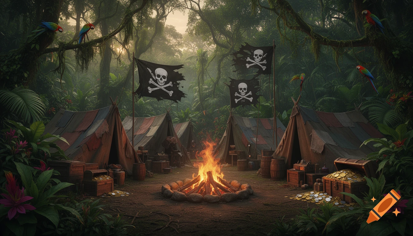 A pirate campsite in a dense jungle with tents, a campfire, treasure chests overflowing with gold, pirate flags, and parrots in the trees.