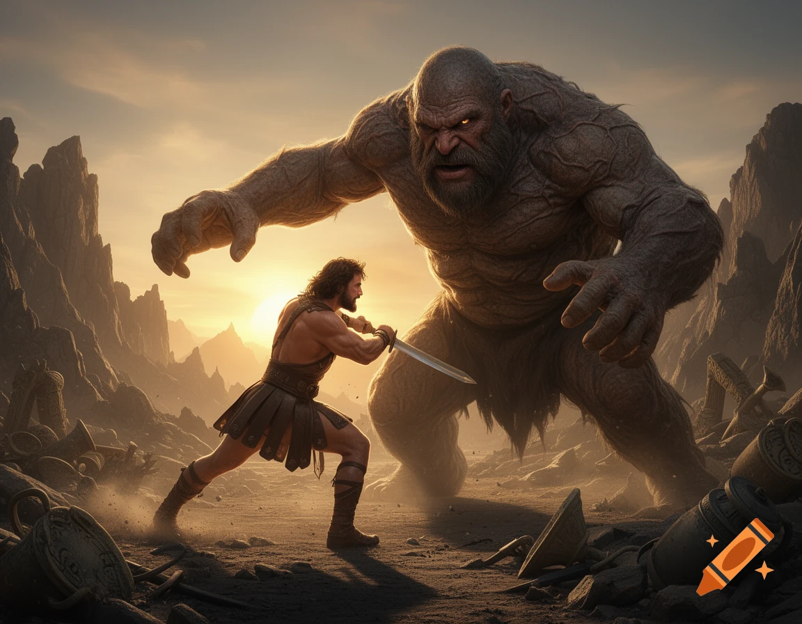 A muscular warrior in a tunic with a sword confronts a massive, hairy giant with glowing eyes in a barren, rocky landscape under a sunset sky.