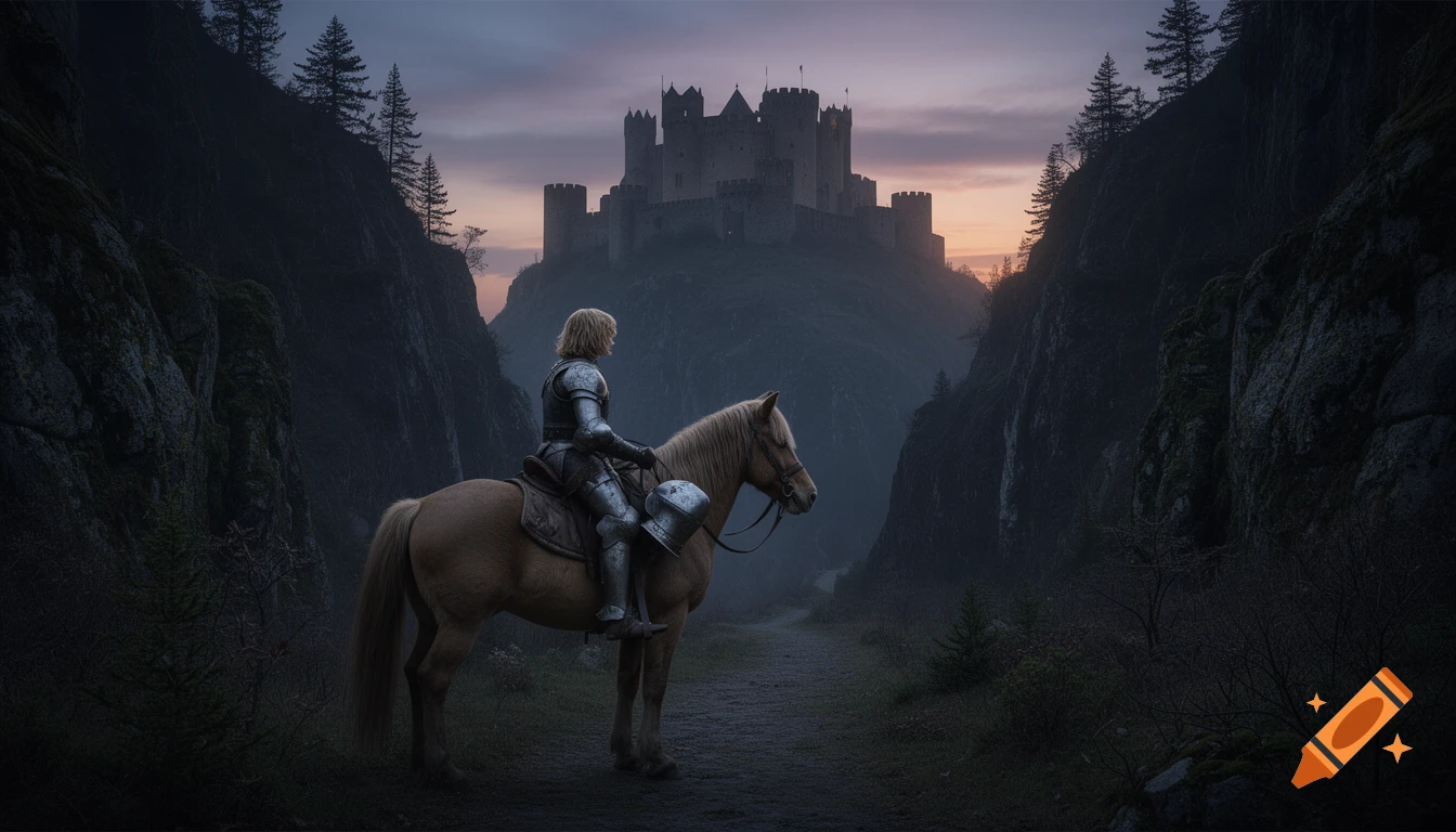 A medieval knight in armor on a light brown horse looks towards a distant castle at dusk, in a rocky valley.