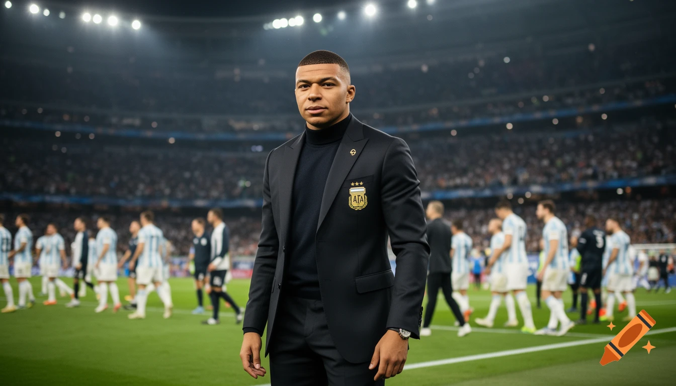 Kylian Mbappé in a black suit with an AFA crest, standing on a football pitch in a stadium.