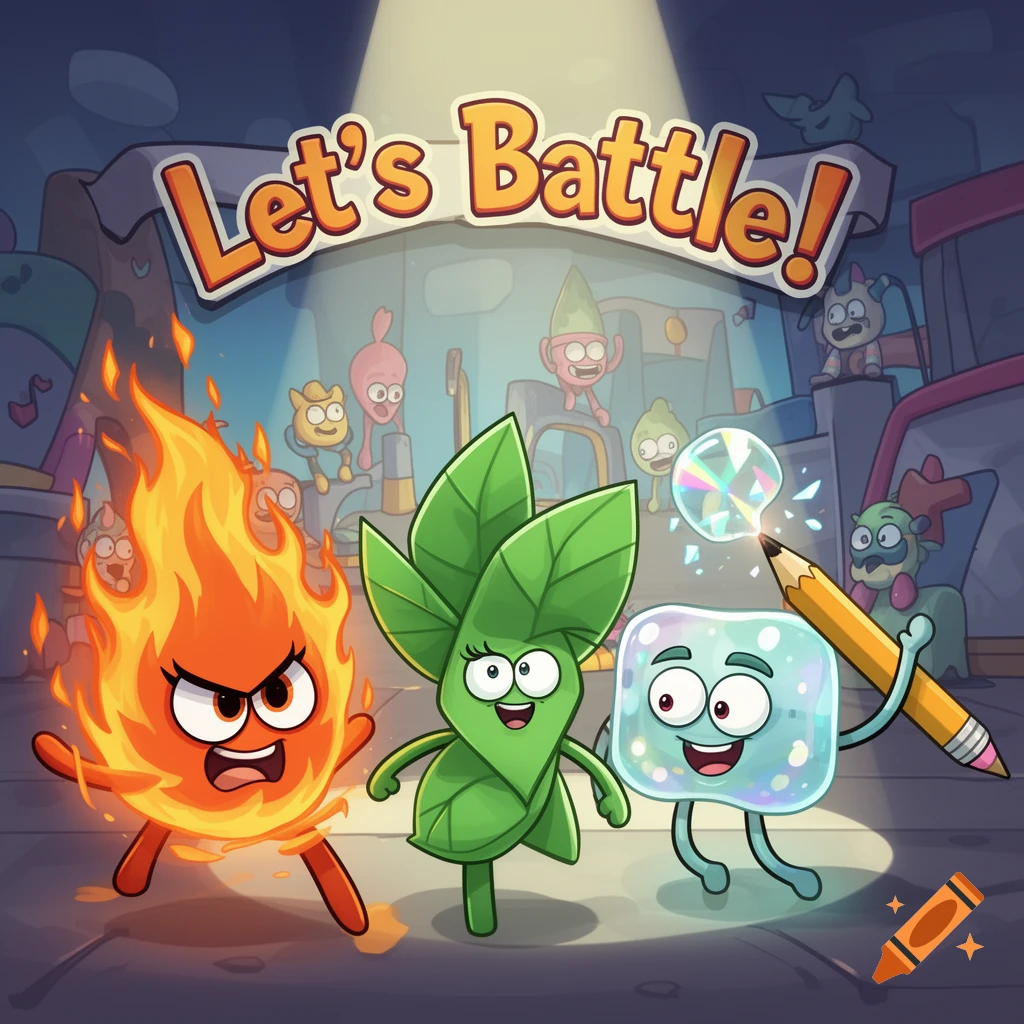 A cartoon of a fiery creature, a leaf creature, and an ice cube creature with a pencil, under a banner reading 'Let's Battle!'