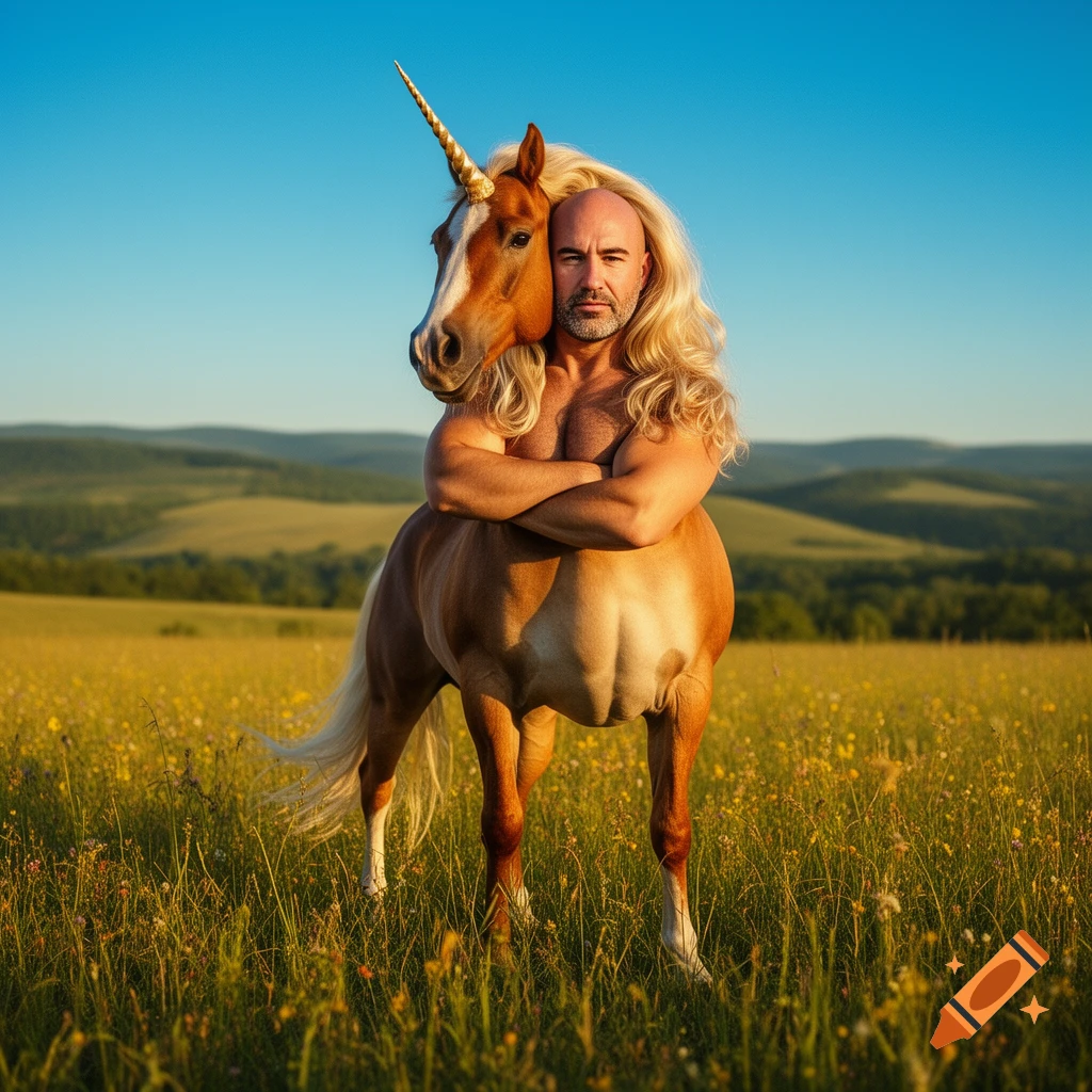A centaur unicorn with Joe Rogan's head and torso, with long blonde hair, stands in a sunny field.