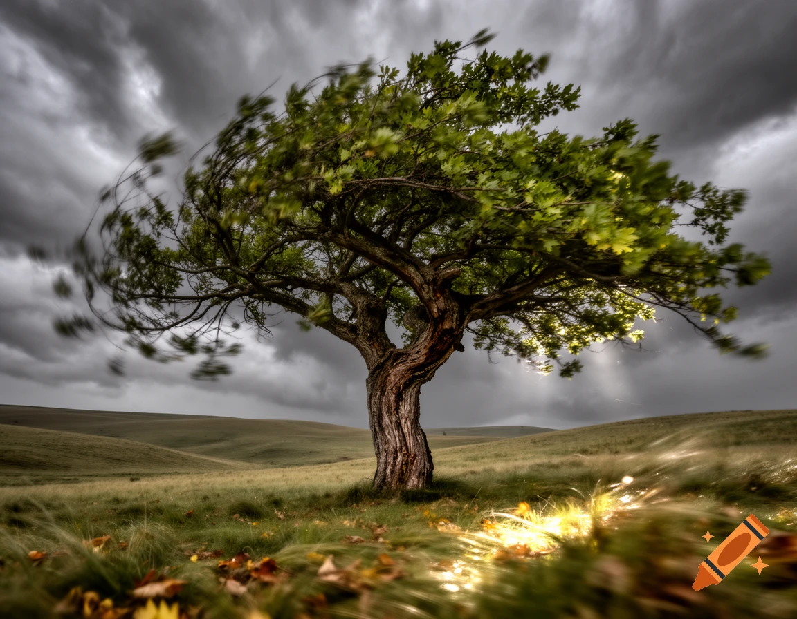 A robust tree with green leaves bends dramatically in strong winds under a dark, cloudy sky, with golden light illuminating the grassy foreground.