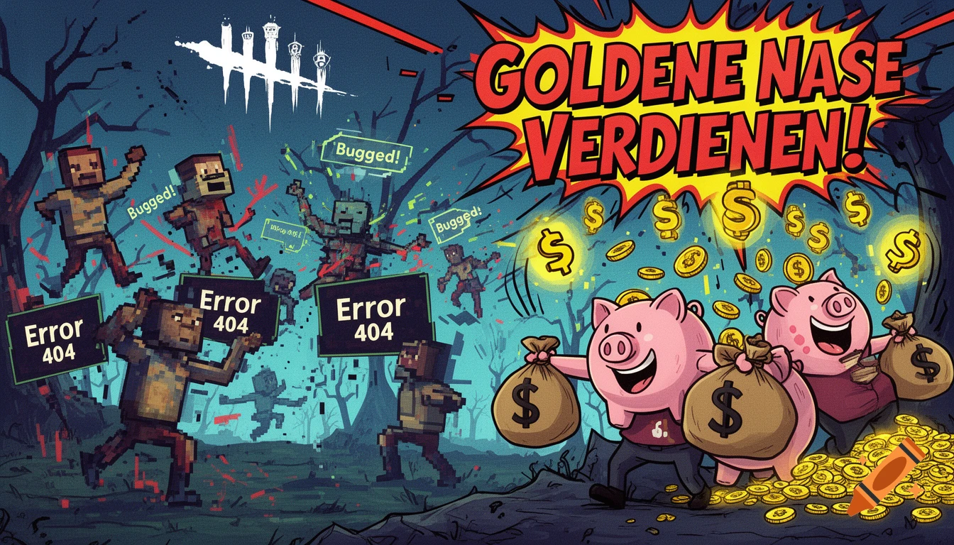 A YouTube thumbnail parodying Dead by Daylight, featuring pixelated glitching characters with 'Error 404' signs on the left, and three happy cartoon pigs with bags of money and gold coins on the right, with the text 'GOLDENE NASE VERDIENEN!' in a speech bubble.