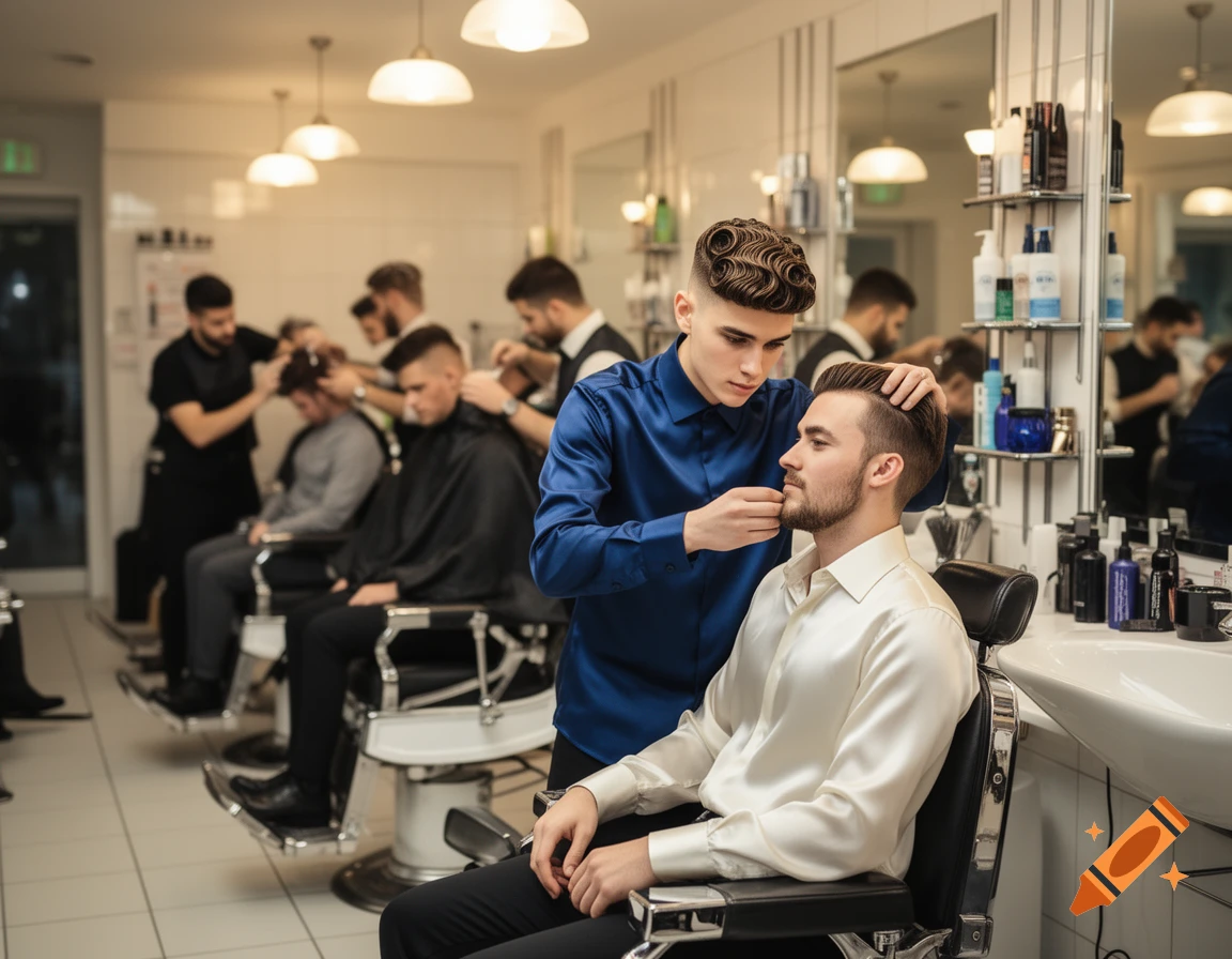A barber with a wavy hairstyle works on a bearded client's hair in a busy barbershop, with others getting haircuts.