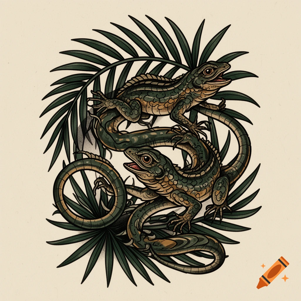 Traditional tattoo art featuring two green and brown lizards intertwined with dark green palm leaves against a cream background.