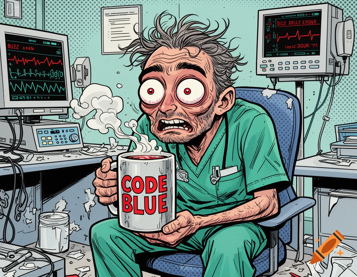 A comic illustration of an exhausted anesthesiologist with wild hair and wide bloodshot eyes, holding a steaming mug that says "CODE BLUE" in a messy hospital breakroom. Medical monitors in the background show erratic heartlines and garbled text.