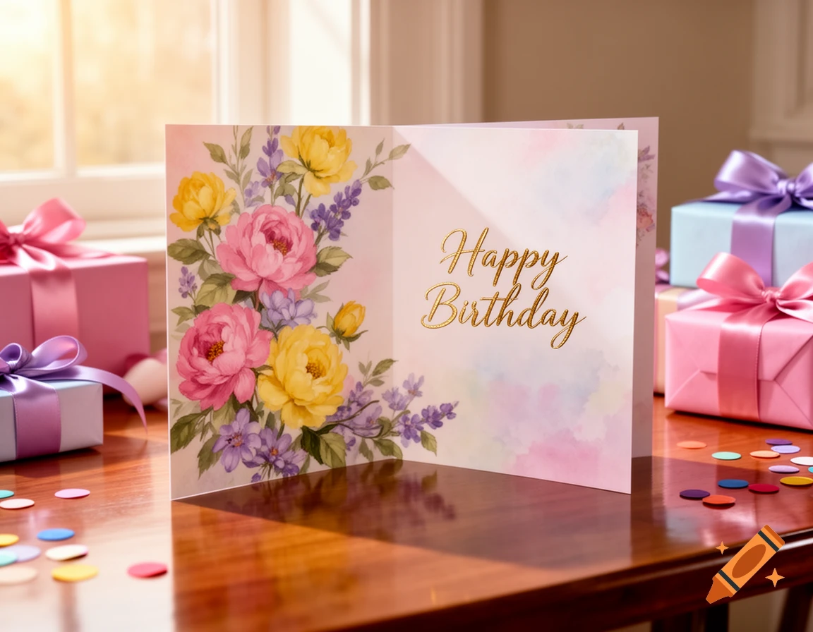 An open birthday card with pink and yellow flowers and 'Happy Birthday' text, surrounded by colorful wrapped gifts and confetti on a wooden table.