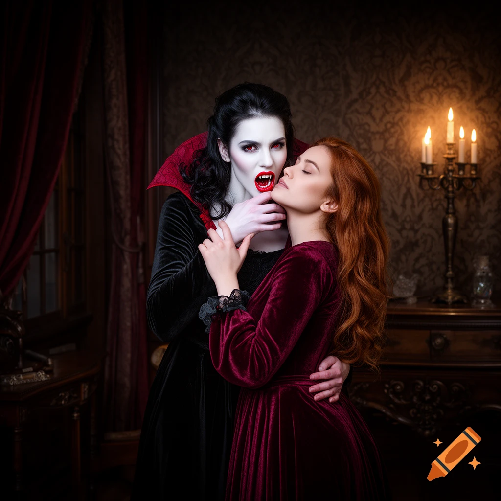A pale vampire with fangs and red eyes holds a woman with red hair, poised to bite her neck in a dimly lit gothic room.