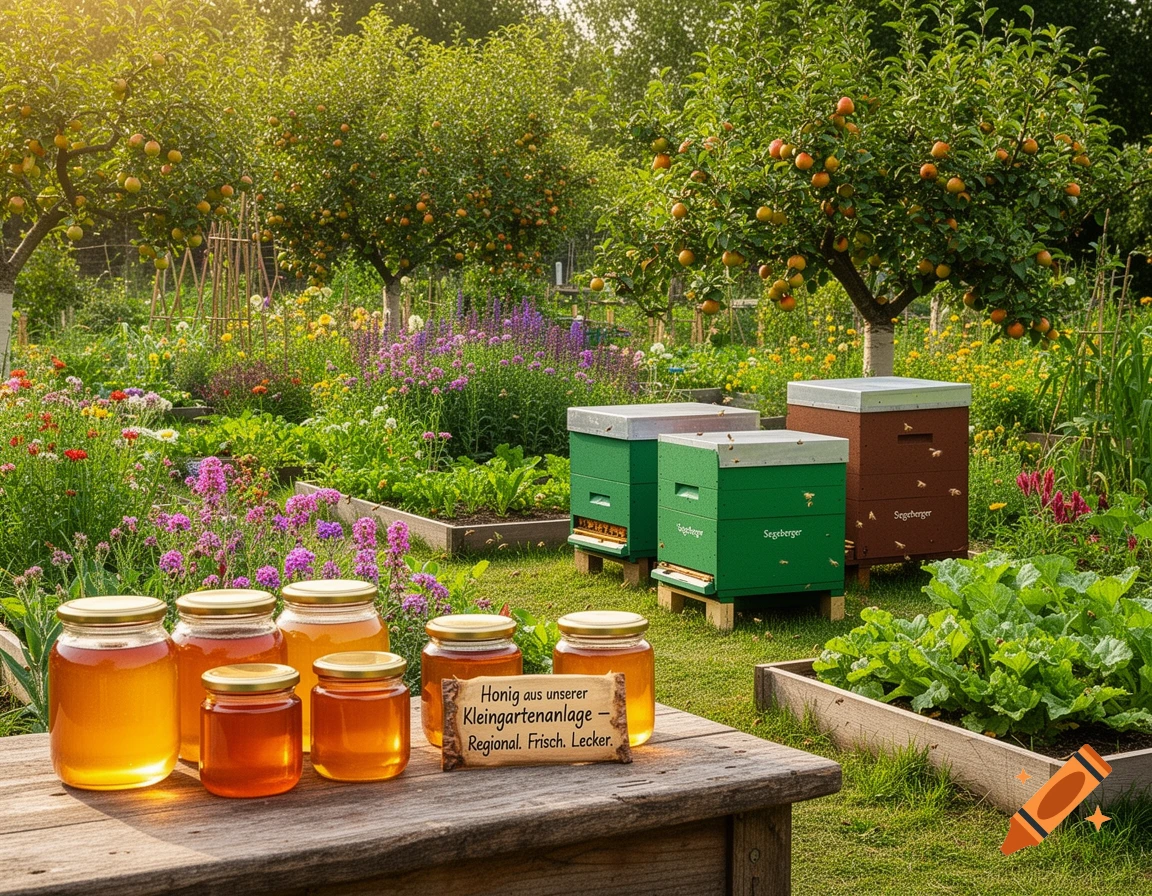 Jars of golden honey on a rustic wooden table in a sunny garden with beehives, vibrant flowers, and fruit trees.