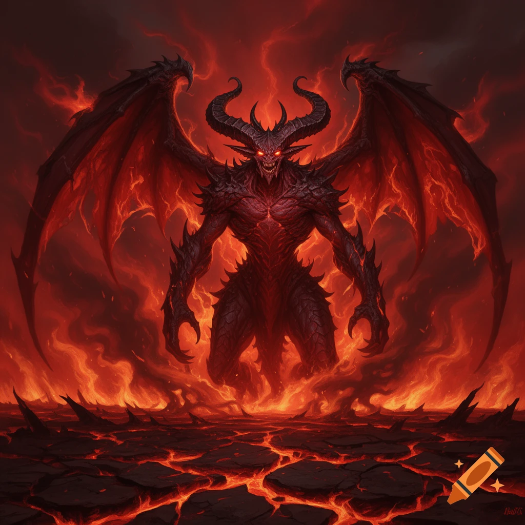 A menacing, winged red demon with large horns and glowing red eyes stands in a fiery hellscape of cracked lava and smoke, digital art.