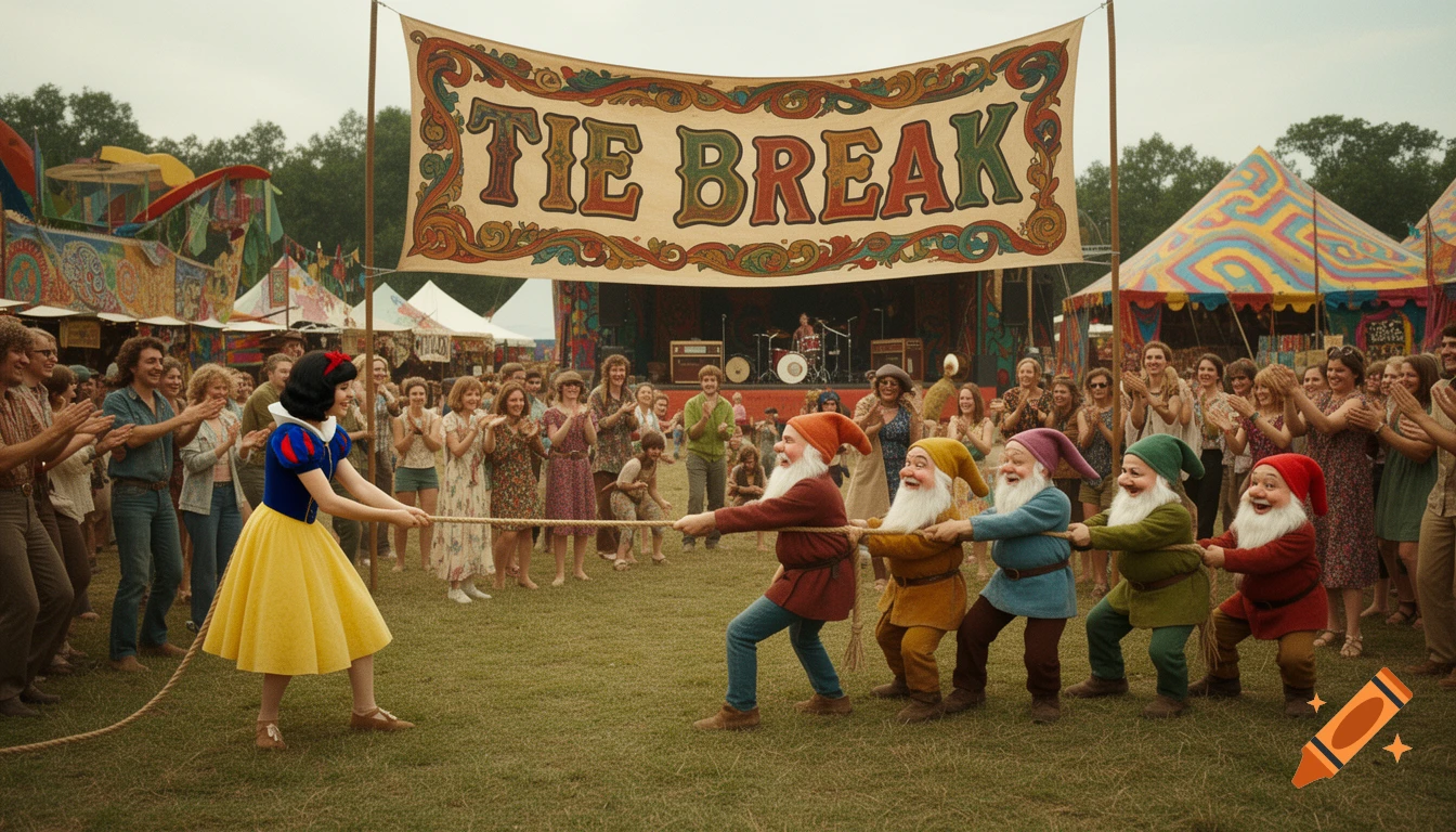 Snow White and the Seven Dwarfs play tug of war at a lively outdoor Woodstock festival, under a 'TIE BREAK' banner.