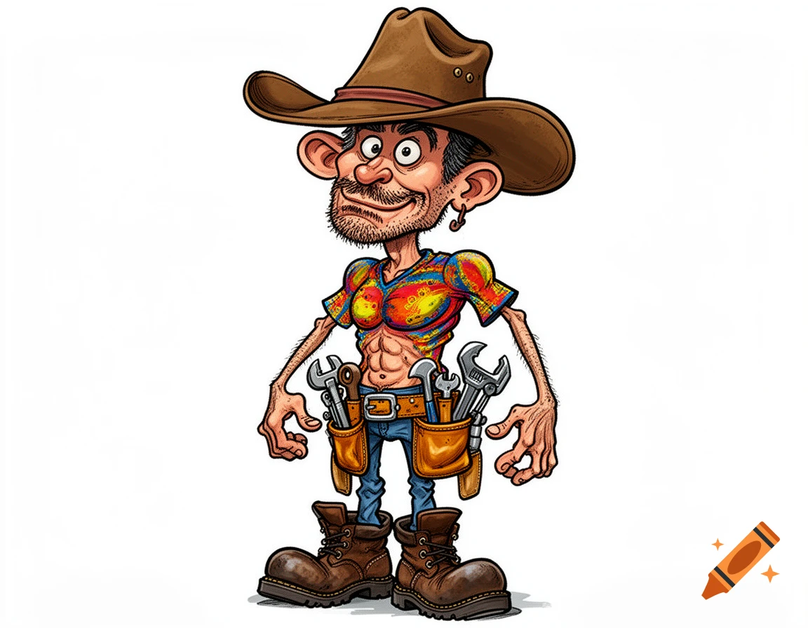 A skinny cartoon man with a cowboy hat, colorful patterned shirt, and a tool belt holding wrenches, standing.